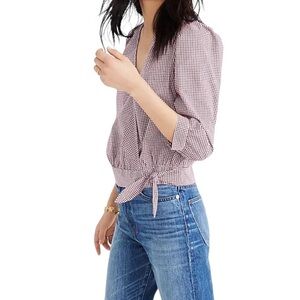 Madewell Cropped 70’s Style Gingham Wrap 3/4 Sleeve Lightweight Top Size L